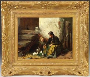 Mother & Daughter Feeding Rabbits by Felix Schlesinger