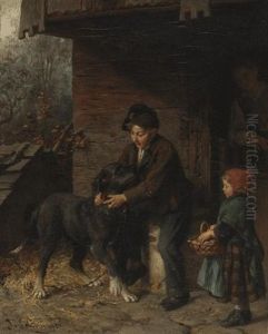 Mit Einem Hund Spielende Kinder by Felix Schlesinger