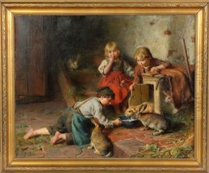Children Feeding Rabbits by Felix Schlesinger