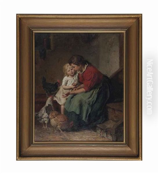 Mother And Child With Three Roosters - view 1