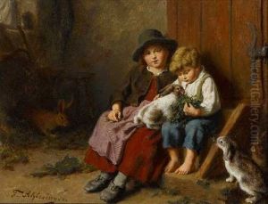 Zwei Kinder Beim Futtern Von Hasen Im Stall by Felix Schlesinger