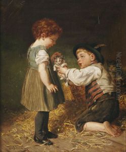 Zwei Kinder Mit Katzchen Im Stall by Felix Schlesinger