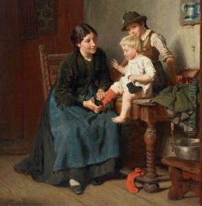 Interieur Mit Madchen Und Zwei Jungeren Geschwistern by Felix Schlesinger