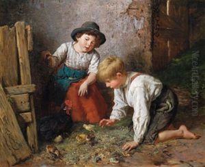 Im Huhnerstall, Zwei Knaben Mit Einem Huhn Und Seinen Kuken by Felix Schlesinger