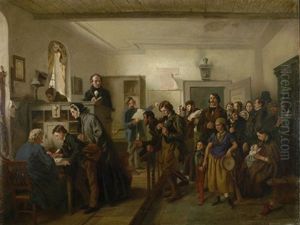 In Der Pas- Und Polizeistube Vor Der Emigration Nach Amerika, Hans Christian Andersen Und Sein Freund Collin Unter Den Auswanderern by Felix Schlesinger