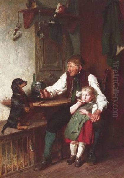 Die Hundedressur. Grosvater Mit Enkelin Und Dackel In Der Stube - view 1