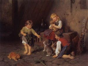 Zwei Madchen Und Ein Bub Mit Hasen by Felix Schlesinger