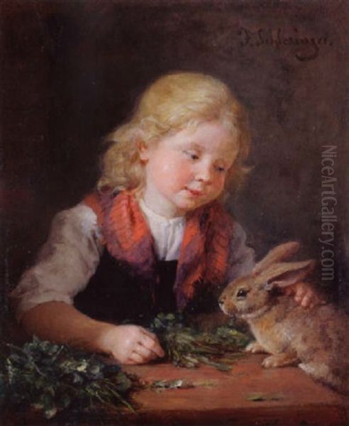 Blondes Madchen, Hasen Futternd - view 1