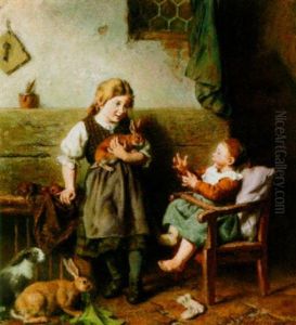 Children Playing With Little Rabbits by Felix Schlesinger