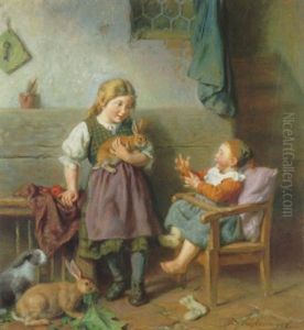 Interieur Mit Zwei Kindern Und Kaninchen by Felix Schlesinger