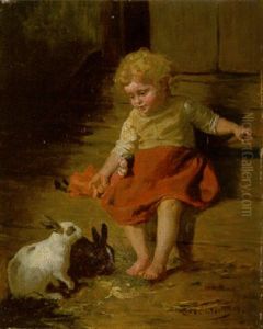 Kleines Madchen Mit Puppe Bei Zwei Kaninchen by Felix Schlesinger