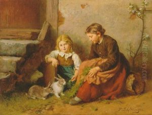 Zwei Madchen Mit Kaninchen by Felix Schlesinger