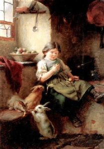 Kucheninterieur Mit Einem Kleinen Madchen Und Drei Kaninchen by Felix Schlesinger