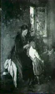 Interior With A Mother And Two Children by Felix Schlesinger