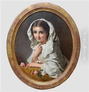 Portrait Of A Young Woman In A White Cape With Pink Roses
