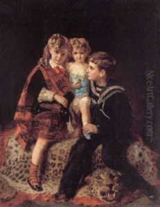 Tre Soskende Pa Et Leopardskind by Henry Guillaume Schlesinger