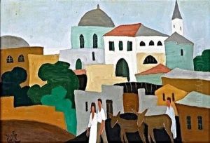 Figures With Donkeys In Jerusalem by Shmuel Schlesinger