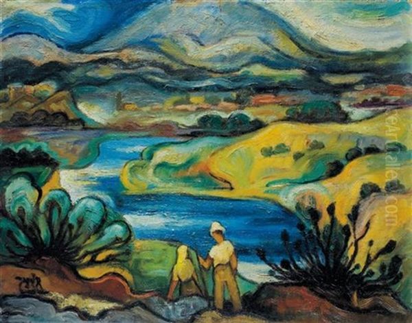 Couple Sitting By Lake Tiberias - view 1