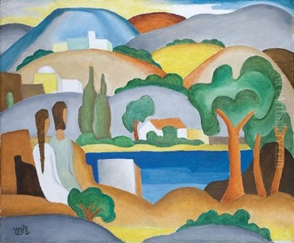 Two Figures Sitting By Lake Kineret - view 1