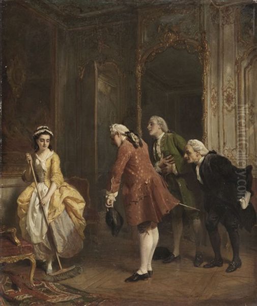 Hofische Szene Mit Scheuer Magd Und Drei Eleganten Herren - view 1