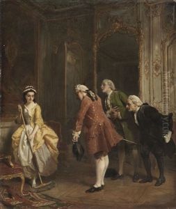 Hofische Szene Mit Scheuer Magd Und Drei Eleganten Herren by Wilhelm Heinrich Schlesinger