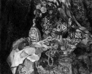 Groses Variastilleben Mit Obst, Porzellanfiguren, Imariteller, Rosenstraus Und Anderen Sachen by Carl Von Schlicht