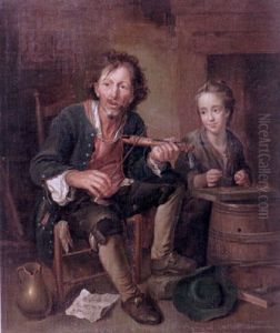 An Interior With A Dancing Master Playing A Pochette En Bateau With His Young Female Companion Playing The Duleimer by Johann Franz von der Schlichten