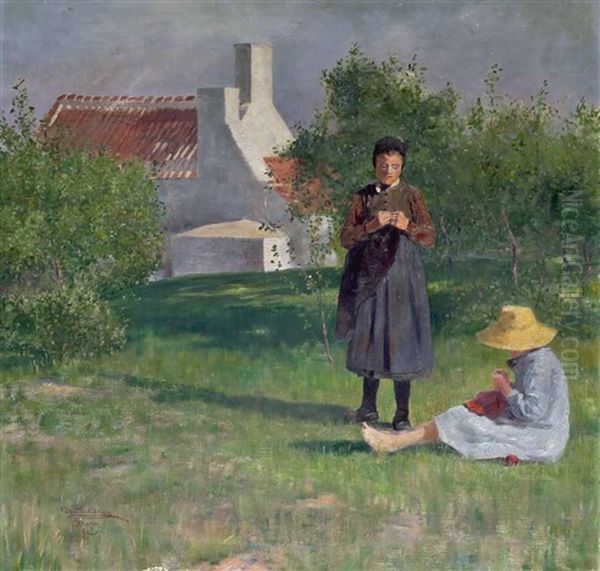 Zwei Strickende Madchen Auf Einer Wiese - view 1
