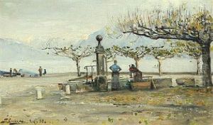 Landscape With Mountains And Two Women By A Water Pump by Karl Peter August Schlichting-Carlsen