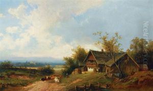 Cows In Front Of A House by August Eduard Schliecker