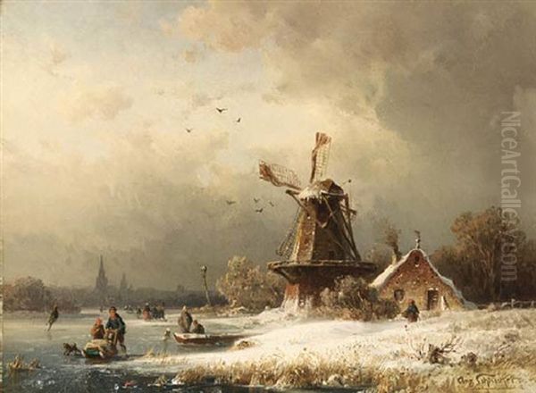 A Winter Landscape With Figures On A Frozen River - view 1