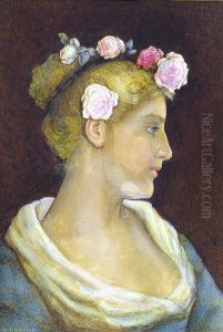 Profile Portrait Of A Beautywith Roses In Her Hair by Gustavus Arthur Bouvier