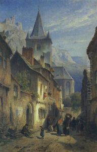 Continental Town Scene With Figures Chatting by August Eduard Schliecker
