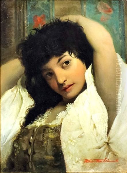 Shoulder Length Portrait Of Dark Haired Young Girl Wearing Cream Trimmed Dress - view 1