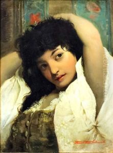 Shoulder Length Portrait Of Dark Haired Young Girl Wearing Cream Trimmed Dress by Heinrich Hans Schlimarski