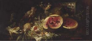 A Monkey At A Table With Fruit And Wine by Heinrich Hans Schlimarski