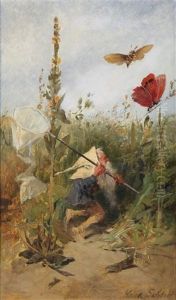 Pixies Chasing Butterflies And Smoking Upon A Toadstool by Heinrich Schlitt