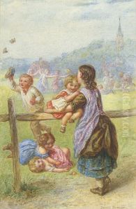 French Children In A Village Playground, With A Young Boy Trying To Catch Butterflies Nearby Signed by Laurent Joseph Daniel Bouvier