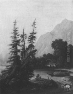 Lastkahn Mit Heu Auf Bayerischem See Vor Bergkulisse by Otto Schloderer