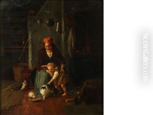 Mother With Child Stroking A Cat by Bernardt Schlosser