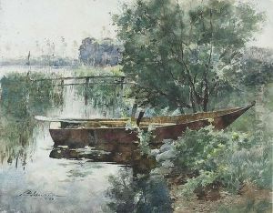 Uferpartie Mit Barke Am Neuenburgersee.