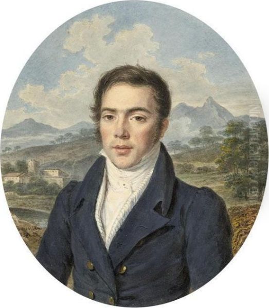 Portrait Ofa Young Man In A Blue Coat Before An Italian Landscape - view 1