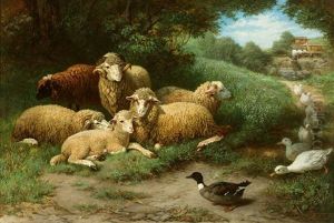 Das Reizende Tierstilleben Zeigt Schafe Und Enten Auf Einer Waldlichtung, Die Den Blick Freigibt Auf Eine Wassermuhle Im Hintergrund by Friedrich Ferdinand Schmalzigaug