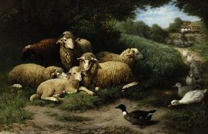Schafe Und Entenschar Am Waldrand, Im Hintergrund Eine Muhle Am Bach by Friedrich Ferdinand Schmalzigaug