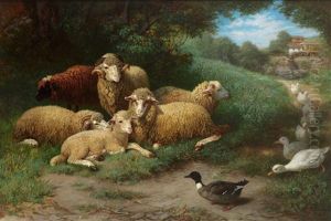Landliche Idylle Mit Ruhender Schafherde Und Ganseschar, Im Hintergrund Alte Muhle