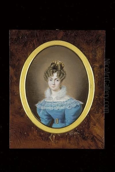 A Lady, Wearing A Blue Dress, The Matching Belt With Large Brass Buckle, White Lace Collar With High Ruff Neck, Gold Earrings, A Tortoiseshell Comb In Her Upswept Brown Hair - view 1