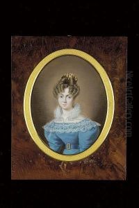 A Lady, Wearing A Blue Dress, The Matching Belt With Large Brass Buckle, White Lace Collar With High Ruff Neck, Gold Earrings, A Tortoiseshell Comb In Her Upswept Brown Hair