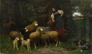 Bauernmadchen Am Brunnen by Friedrich Ferdinand Schmalzigaug
