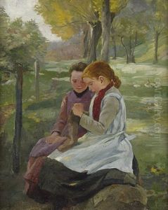 Sommerliche Wiesenlandschaft Mit Zwei Madchen Im Gesprach by Carl Schmauk