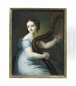Dorette Spohr, Nee Scheidler (1787-1834), Playing The Harp, Seated On A Red-upholstered Stool, Wearing A Blue Gauze Dress With White Underdress